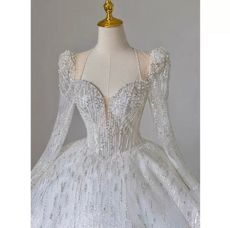 Long Sleeve Butterfly Embroidery Ball Wedding Dress