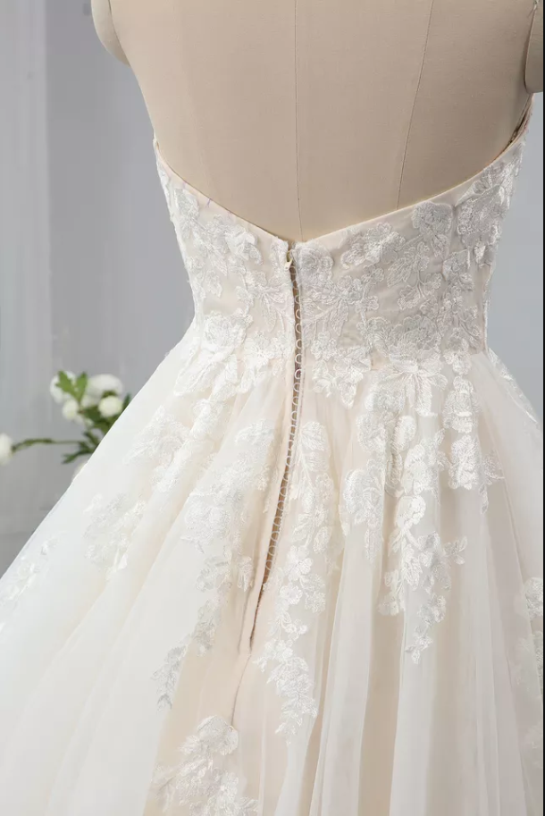 Strapless Floral Embroidery Mesh Light Champagne Wedding Dress