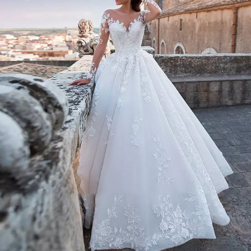 Lace Sleeve Cathedral Train Wedding Dress