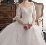 Contrast Lace Three-Fourths Sleeve Cathedral Train Wedding Dress
