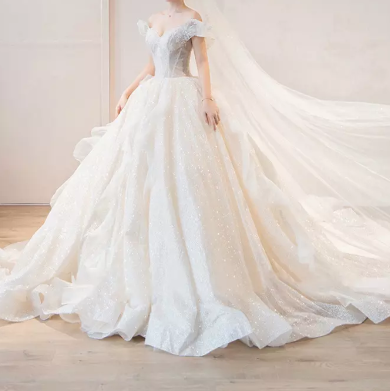 Contrast Lace Ruffle Off Shoulder Cathedral Train Wedding Dress
