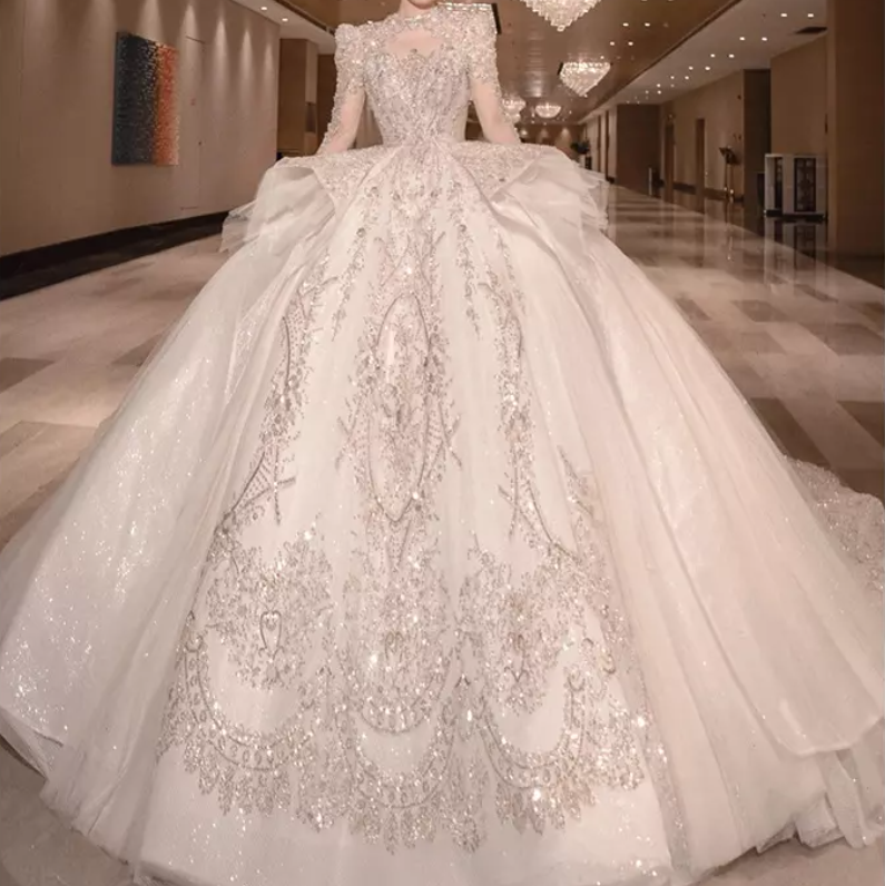Beaded Long Sleeve Organza Cathedral Train Wedding Dress