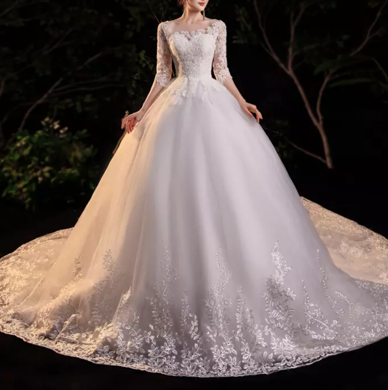 Three-Fourths Sleeve Floral Embroidery Cathedral Train Wedding Dress
