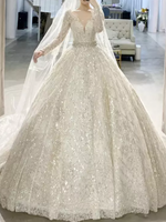 Long Sleeve Beaded Organza Cathedral Train Wedding Dress