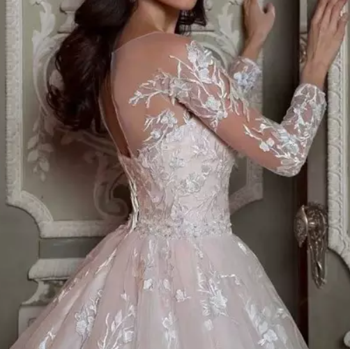 Long Sleeve Floral Detail Ball Wedding Dress