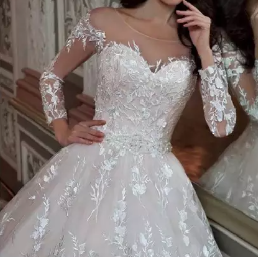 Long Sleeve Floral Detail Ball Wedding Dress