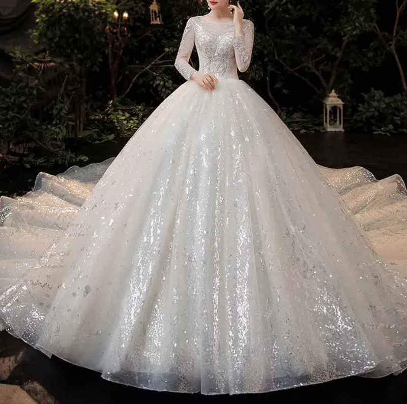 Long Sleeve Sequin Cathedral Train Wedding Dress