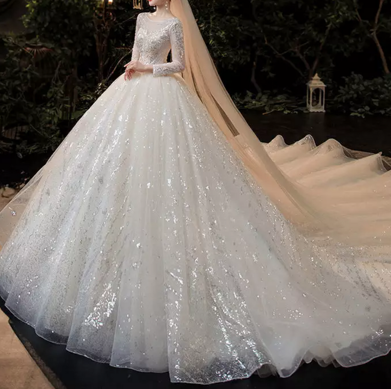 Long Sleeve Sequin Cathedral Train Wedding Dress