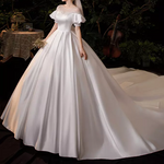 Puff Sleeve Satin Lace Ball Wedding Dress