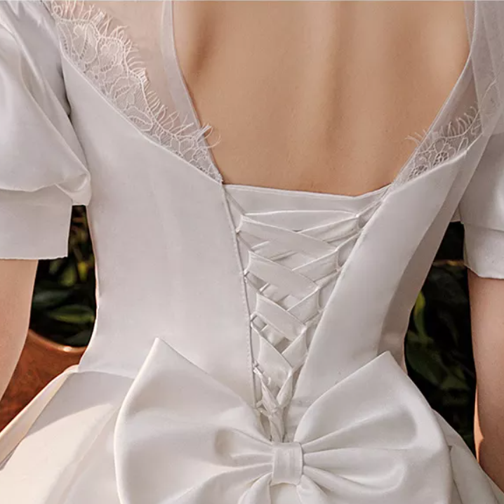 Puff Sleeve Satin Lace Ball Wedding Dress