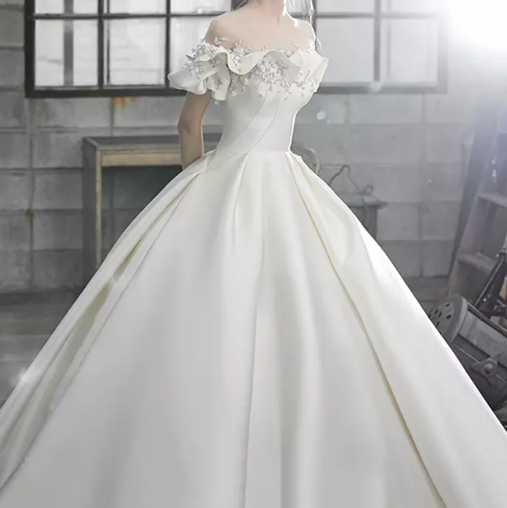 Off Shoulder Flower Detail Satin Ball Wedding Dress