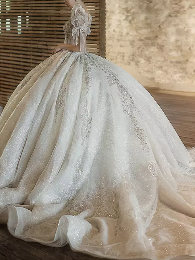 Puff Sleeve Beaded Lace Ball Wedding Dress