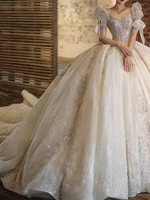 Puff Sleeve Beaded Lace Ball Wedding Dress