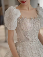 Puff Sleeve Beaded Sequin Cathedral Train Wedding Dress