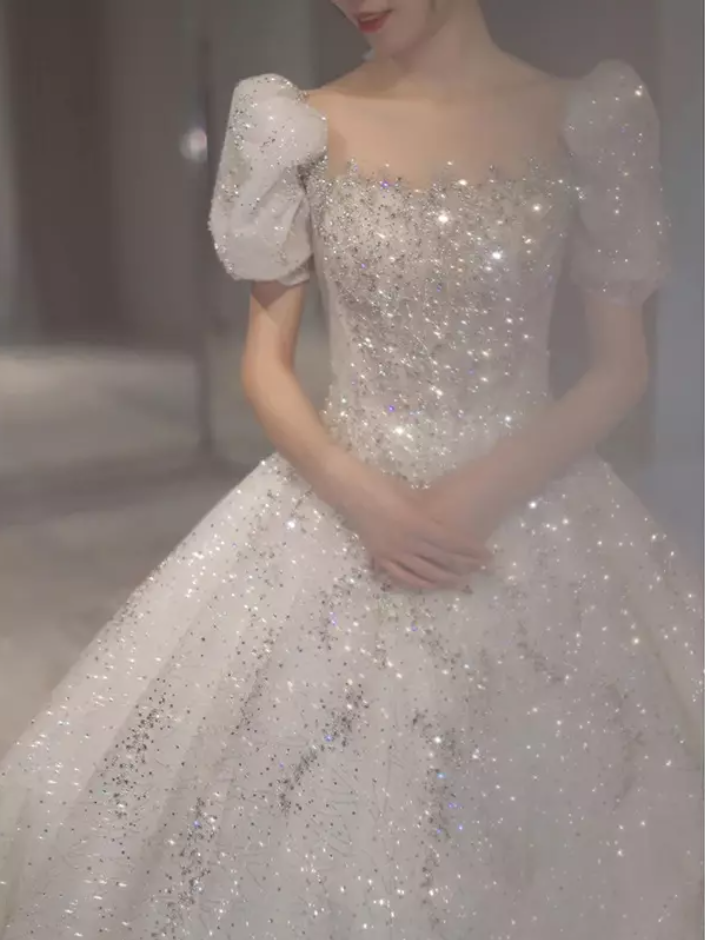 Puff Sleeve Beaded Sequin Cathedral Train Wedding Dress