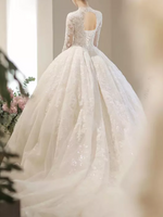 Three-Fourths Sleeve Open Back Lace Cathedral Train Wedding Dress