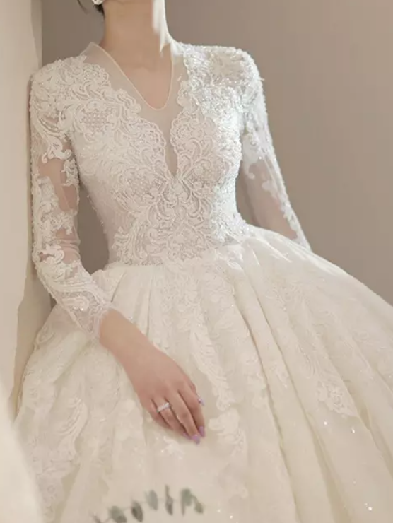 Three-Fourths Sleeve Open Back Lace Cathedral Train Wedding Dress