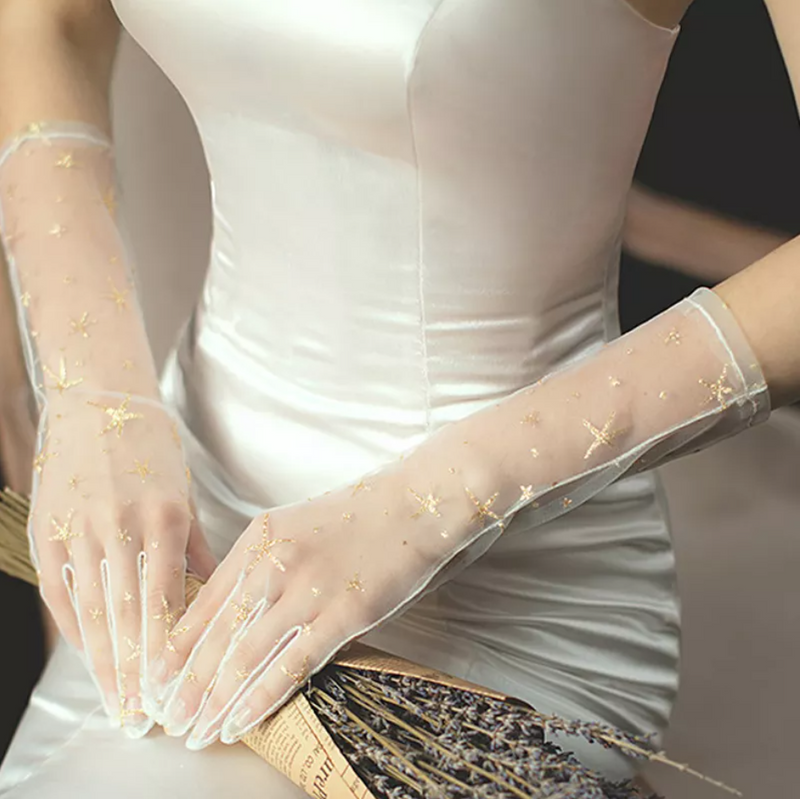 Gold Embroidered Sheer Wedding Gloves