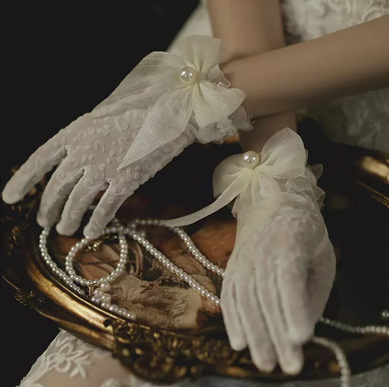 Bow Faux Pearl Decor Wedding Gloves