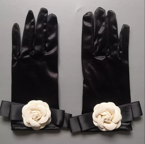 Black Velvet Flower Decor Wedding Gloves