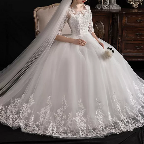 Three-Fourths Sleeve Lace Embroidered Wedding Dress