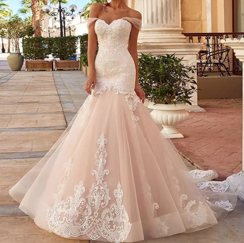 Pink Off Shoulder Mermaid Wedding Dress