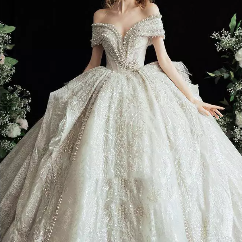 Off Shoulder Faux Pearl Cathedral Train Wedding Dress
