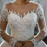 Long Sleeve Mesh Floral Embroidery Ball Wedding Dress
