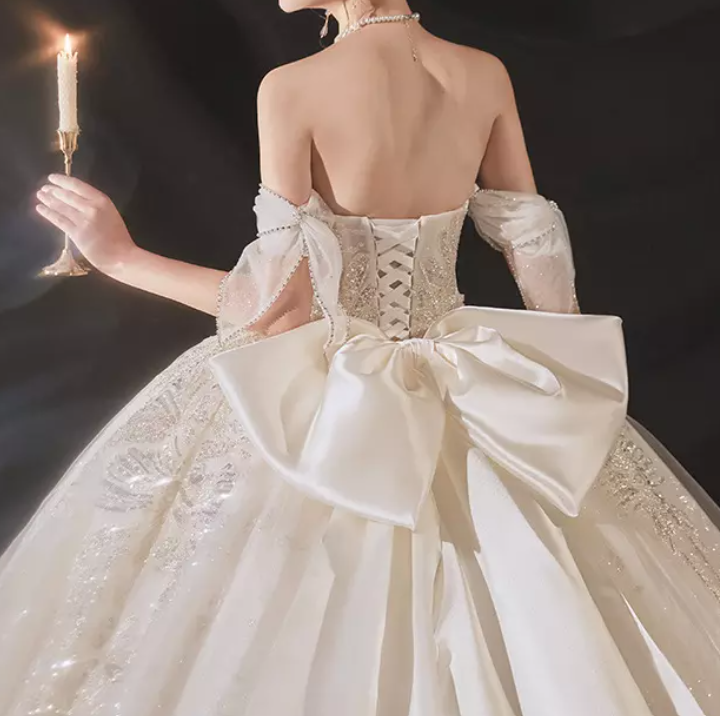 Off Shoulder Big Ribbon Detail Ball Wedding Dress