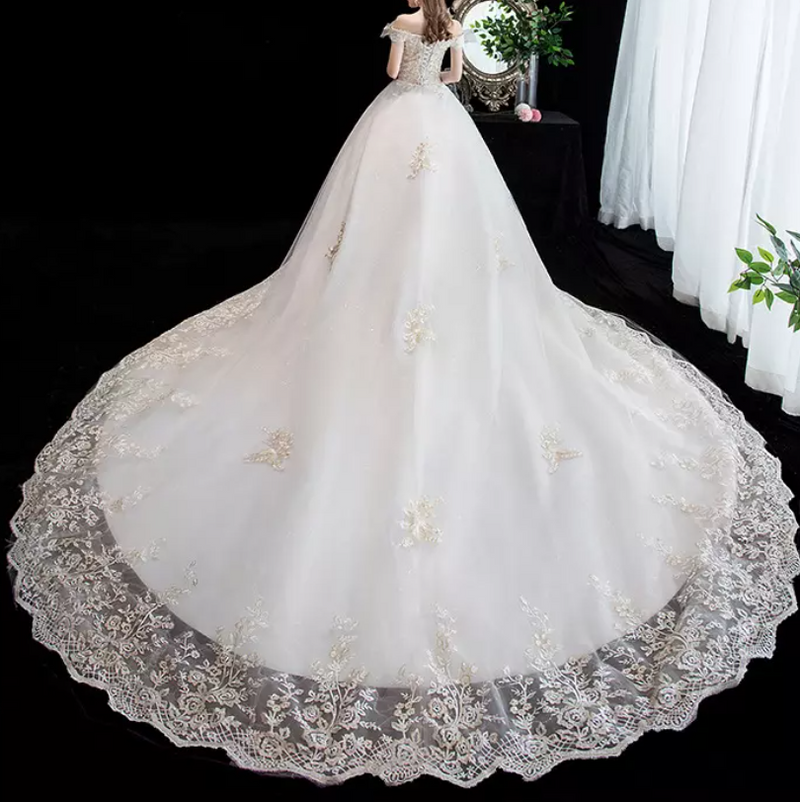 Off Shoulder Floral Lace Embroidery Cathedral Train Wedding Dress