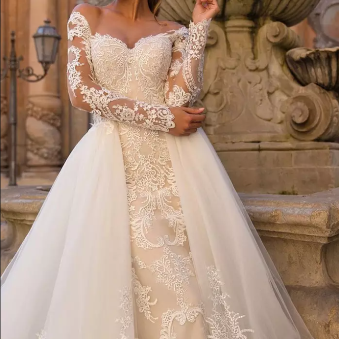 Long Sleeves Floral Lace Mermaid with Skirt Wedding Dress