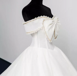 Off Shoulder Big Ribbon Faux Pearl Cathedral Train Wedding Dress