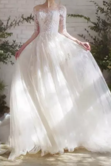 Three-Fourths Sleeve Sheer Lace Cathedral Train Wedding Dress