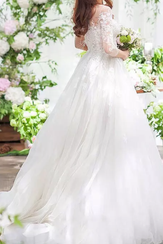 Three-Fourths Sleeve Sheer Lace Cathedral Train Wedding Dress