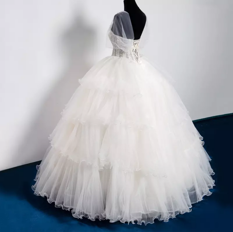 Sheer Sleeve Beaded Corset Ball Wedding Dress