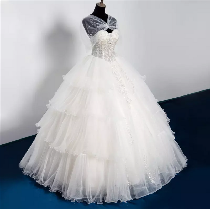 Sheer Sleeve Beaded Corset Ball Wedding Dress