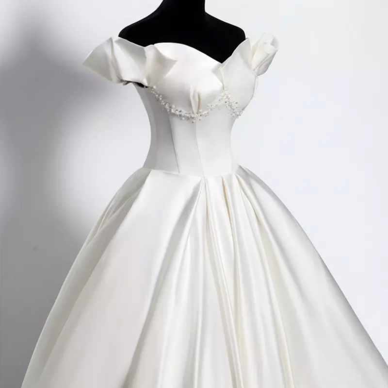 Off Shoulder Satin Faux Pearl Ball Wedding Dress