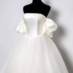 Puff Sleeves Satin Cathedral Train Wedding Dress