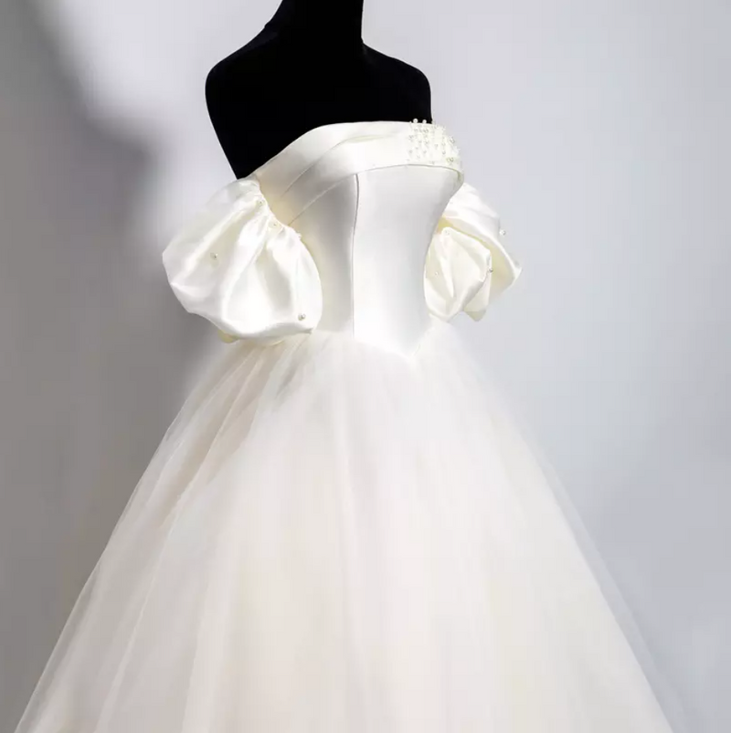 Puff Sleeves Satin Cathedral Train Wedding Dress