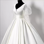 Juliette Sleeve Sheer Deep Neck Satin Cathedral Train Wedding Dress