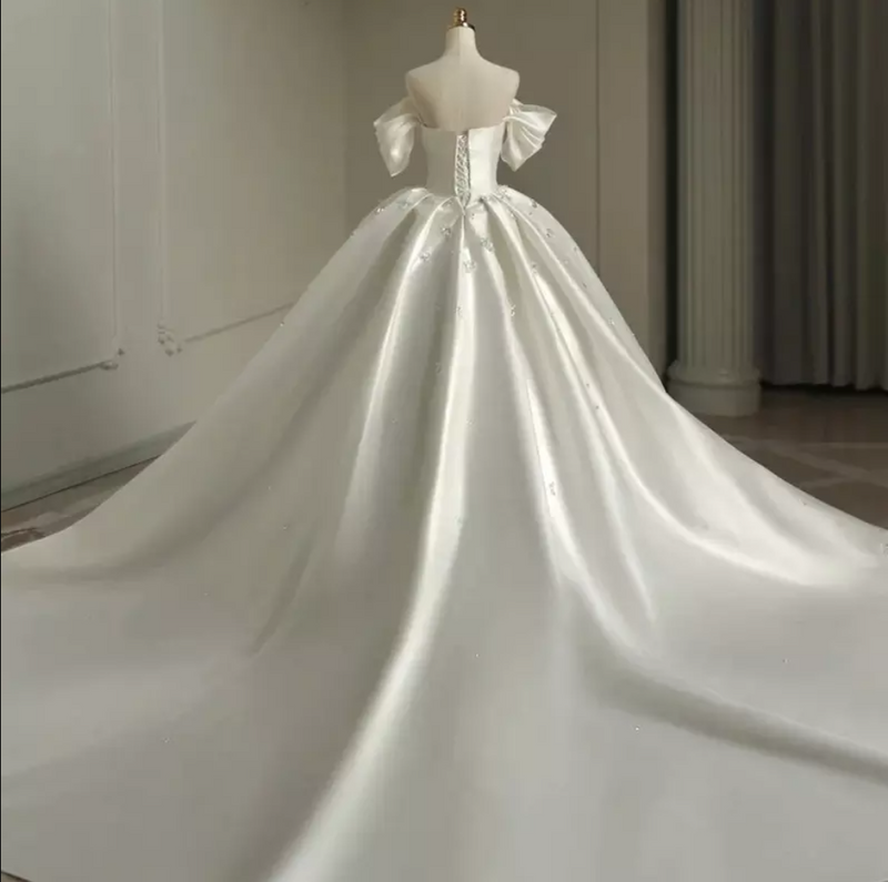 Off Shoulder Satin Crystal Detail Cathedral Train Wedding Dress