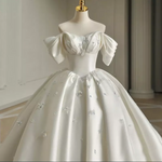 Off Shoulder Satin Crystal Detail Cathedral Train Wedding Dress