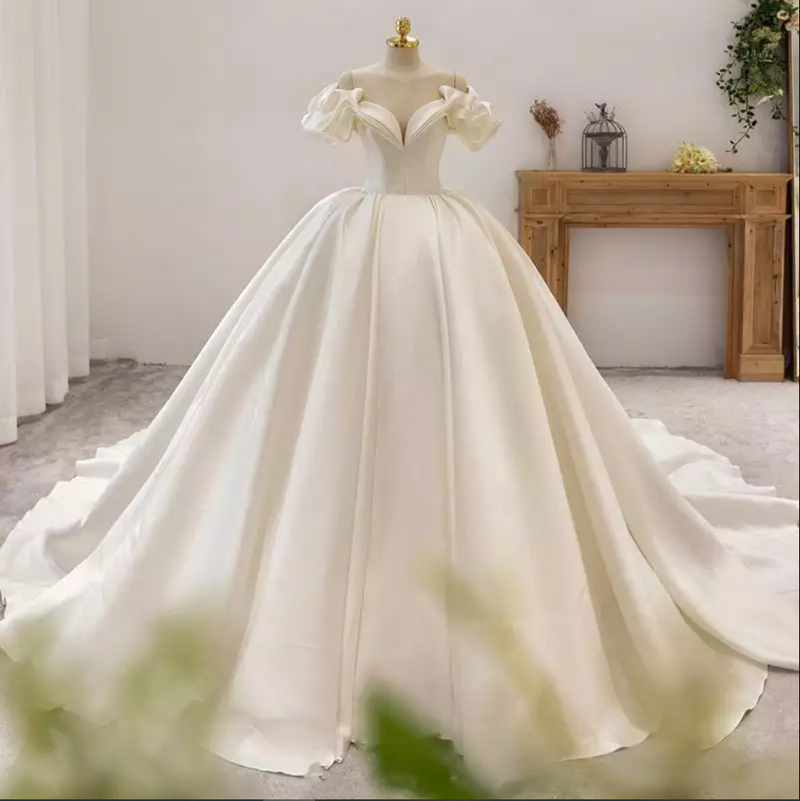 Ruffle Sleeve Satin Ball Wedding Dress
