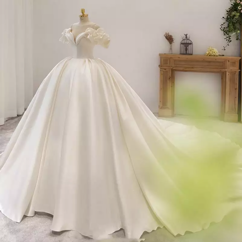Ruffle Sleeve Satin Ball Wedding Dress