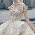 Off Shoulder Faux Pearl Trail Ball Wedding Dress