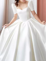 Puff Sleeve Satin Cathedral Train Wedding Dress