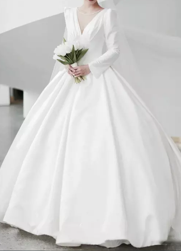 Long Sleeve Satin Cathedral Train Wedding Dress