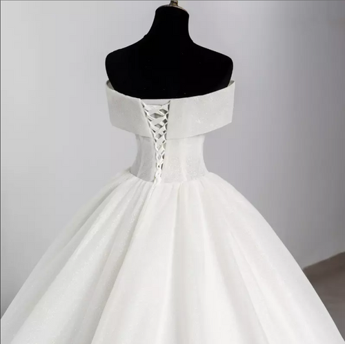 Off Shoulder Detail Organza Cathedral Train Wedding Dress