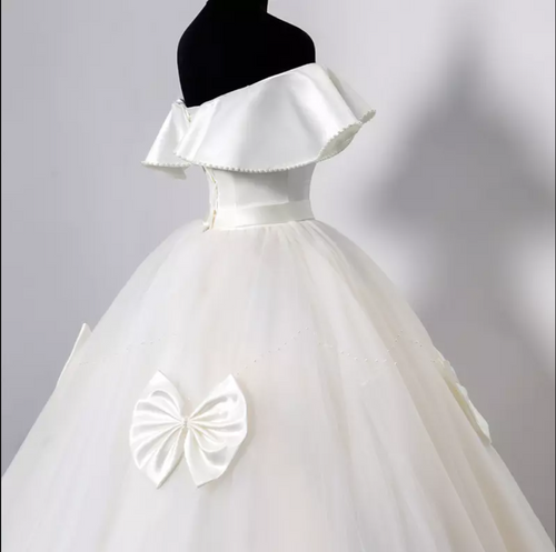 Off Shoulder Ruffle Ribbon Detail Satin Sheer Cathedral Train Wedding Dress
