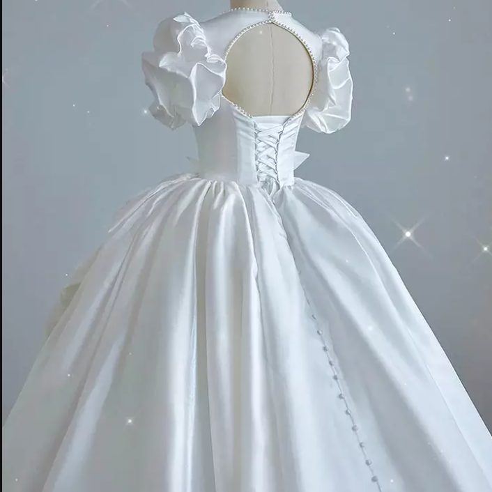 Puff Sleeve Satin Pearl Trail Cathedral Train Wedding Dress